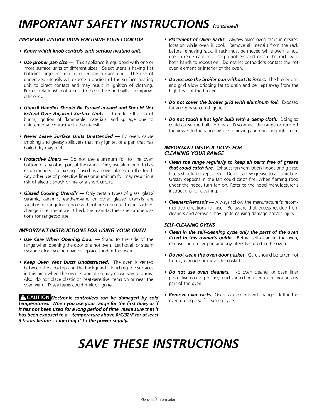 Tappan 318200505 manual Save These Instructions, Important Instructions For Cleaning Your Range, Self-Cleaningovens 