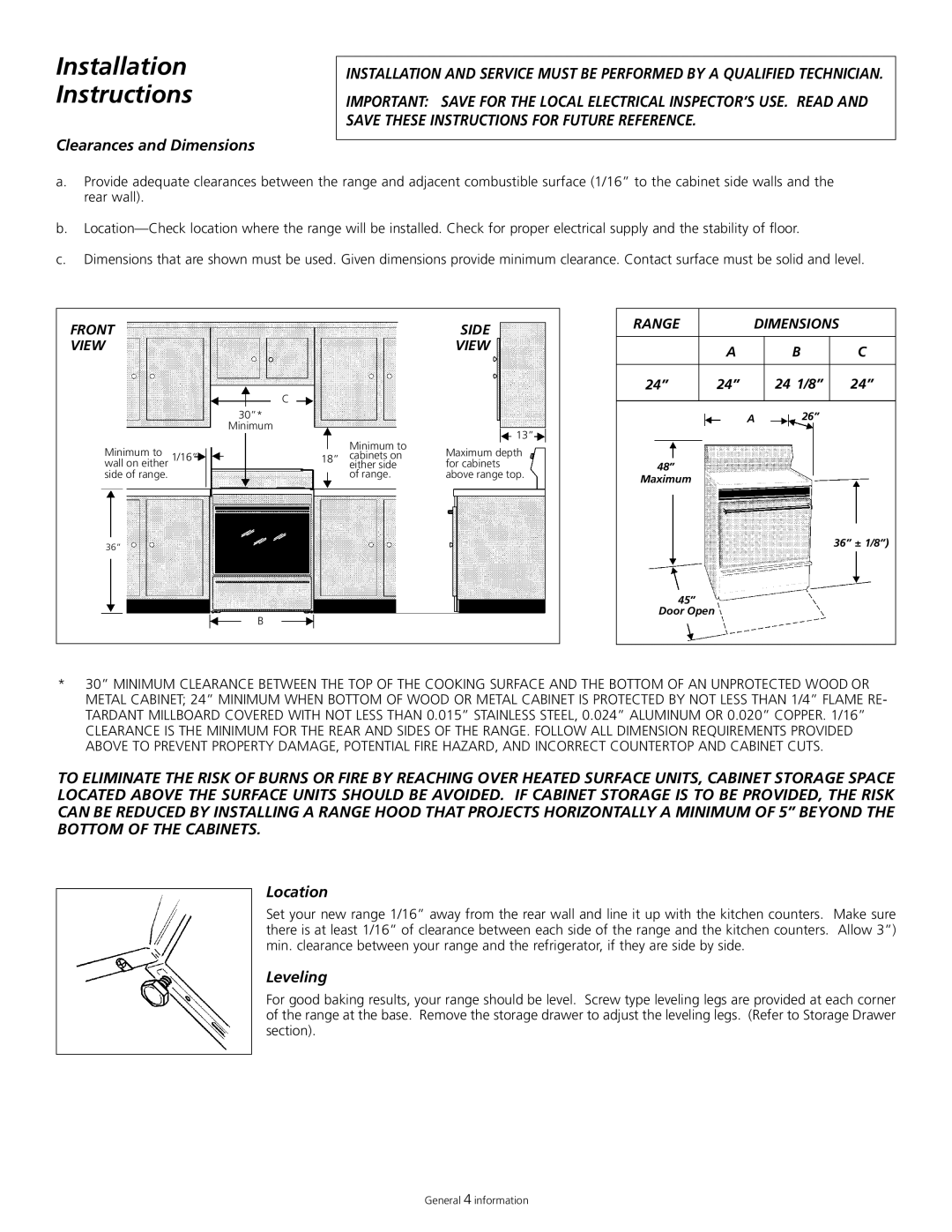 Tappan 318200505 manual Installation Instructions, Clearances and Dimensions, Location, Leveling, Front, Side, Range, View 