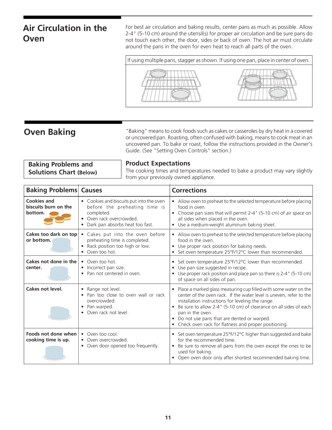 Tappan 318200764 manual Air Circulation in the Oven Oven Baking, Causes Corrections 