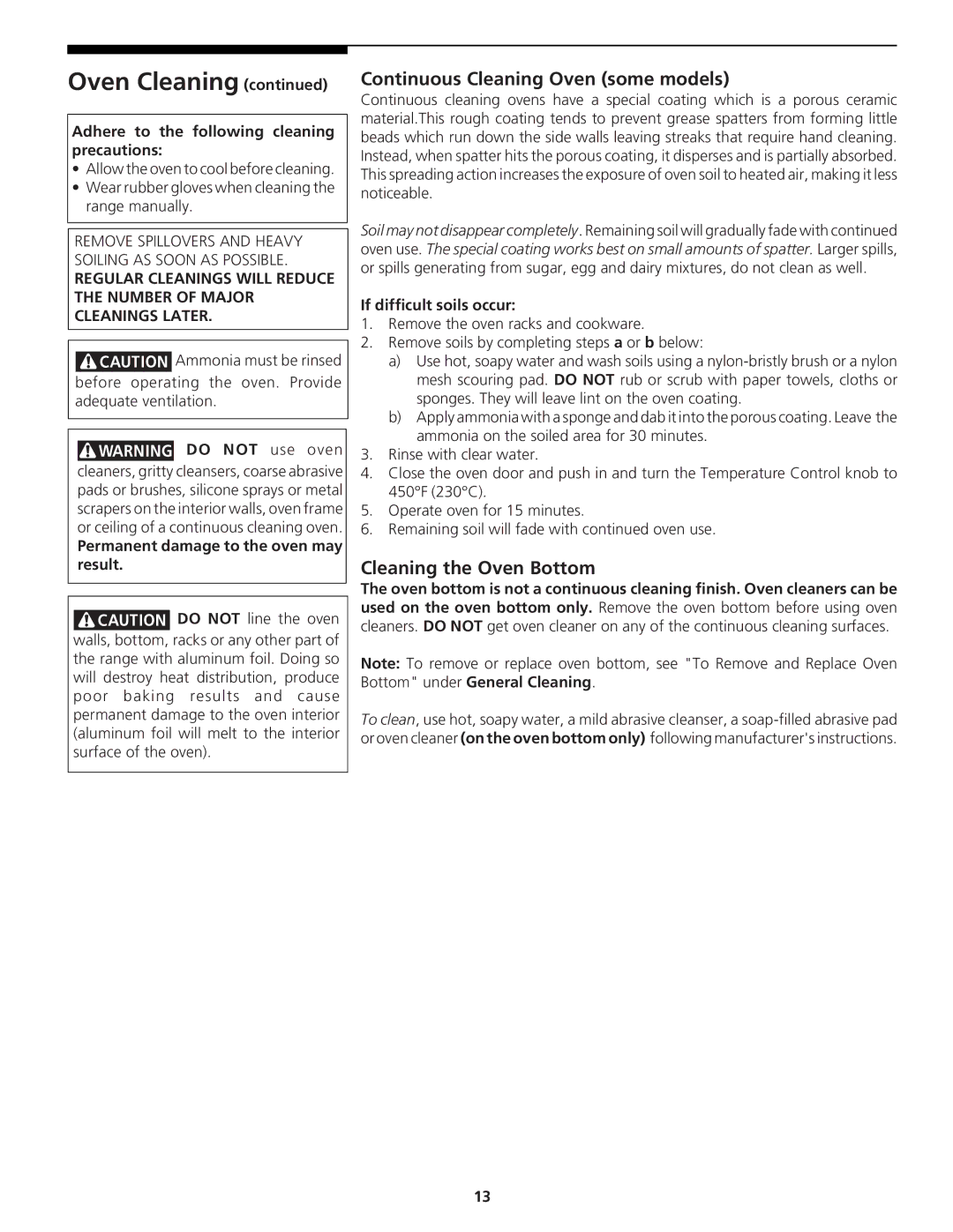 Tappan 318200764 Oven Cleaning, Continuous Cleaning Oven some models, Cleaning the Oven Bottom, If difficult soils occur 