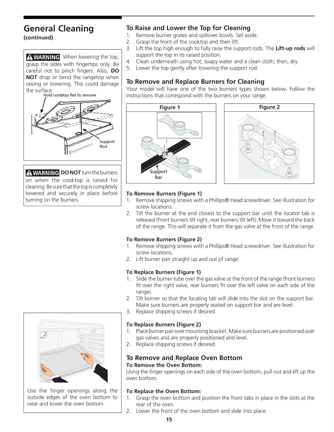 Tappan 318200764 manual To Raise and Lower the Top for Cleaning, To Remove and Replace Burners for Cleaning 