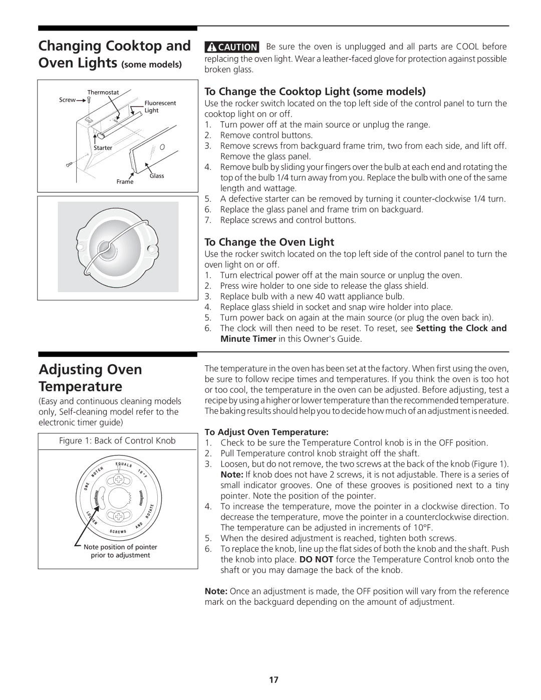 Tappan 318200764 manual Changing Cooktop, Adjusting Oven Temperature, To Change the Cooktop Light some models 