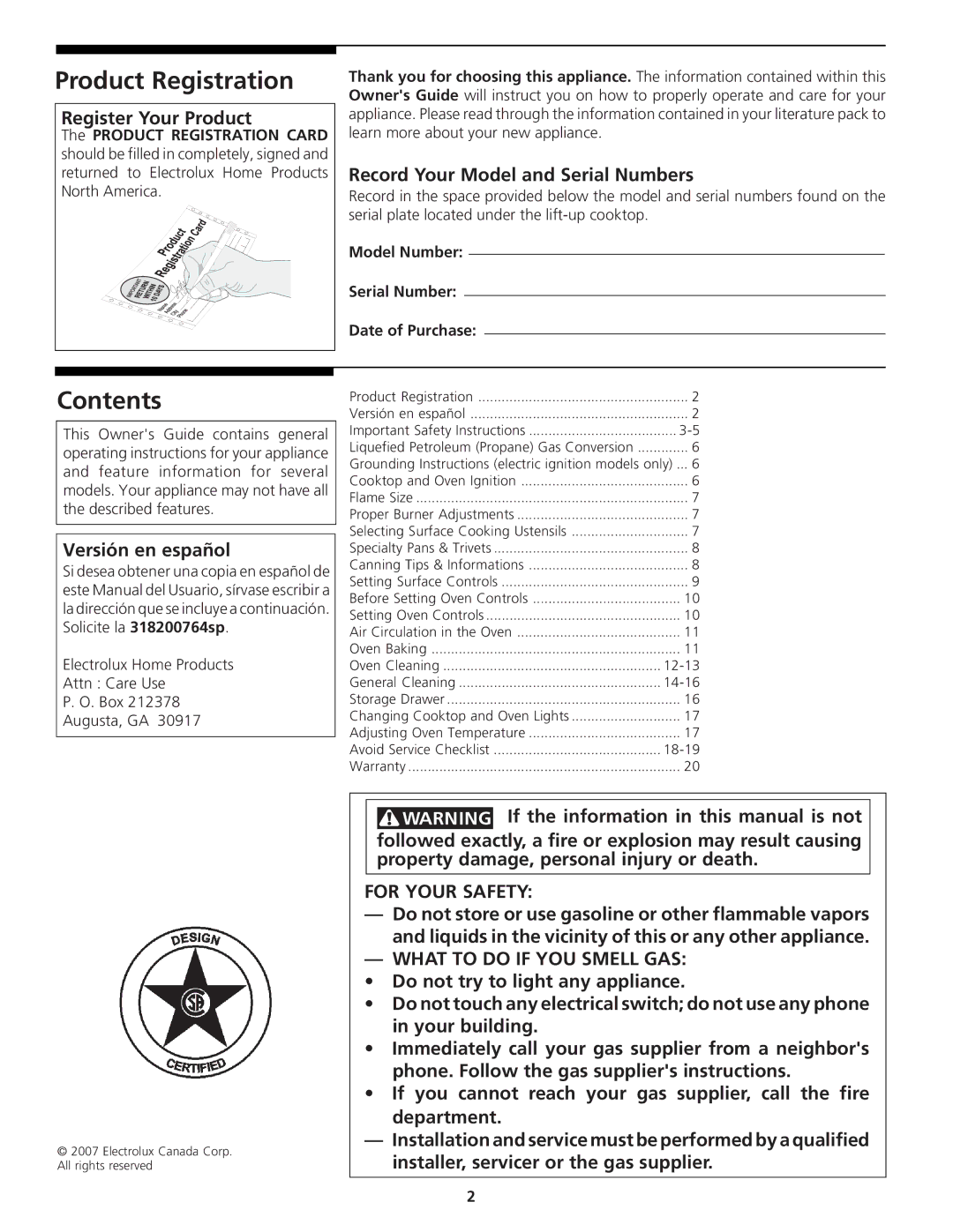 Tappan 318200764 manual Product Registration, Contents 