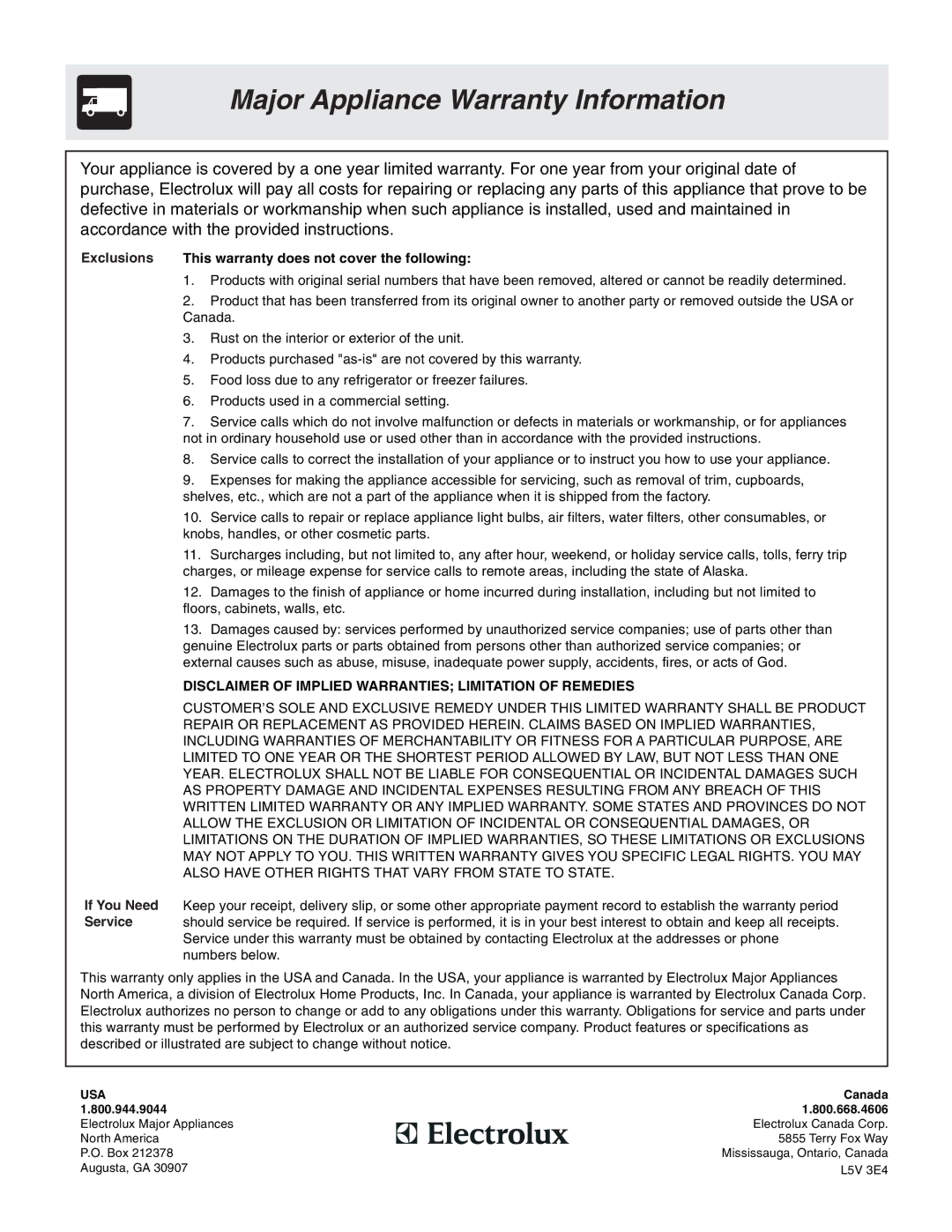 Tappan 318200764 manual Major Appliance Warranty Information 