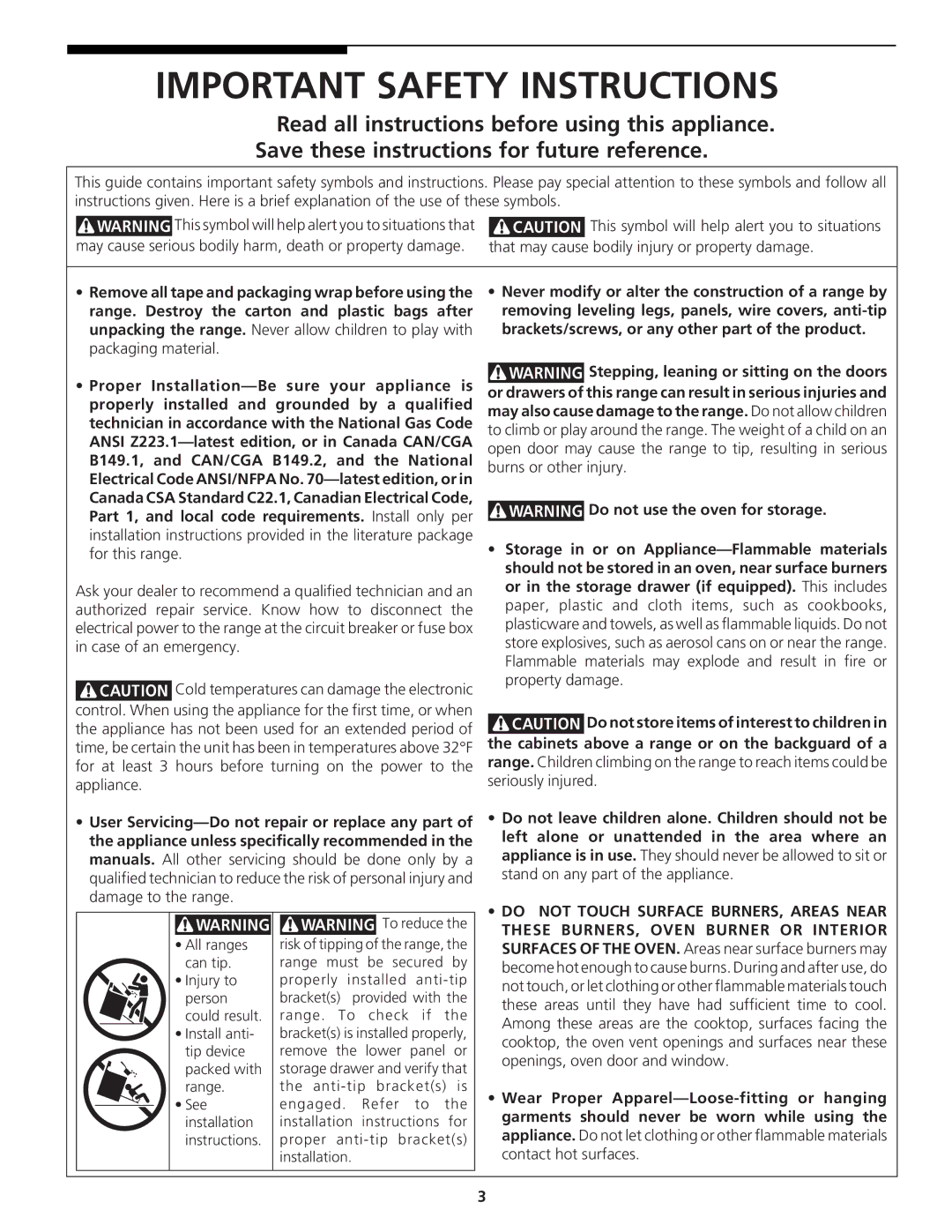 Tappan 318200764 manual Important Safety Instructions, Stepping, leaning or sitting on the doors 