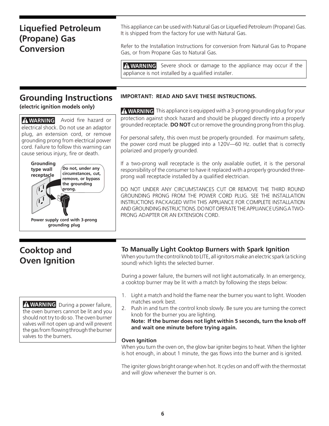 Tappan 318200764 manual Liquefied Petroleum Propane Gas Conversion, Grounding Instructions, Cooktop Oven Ignition 