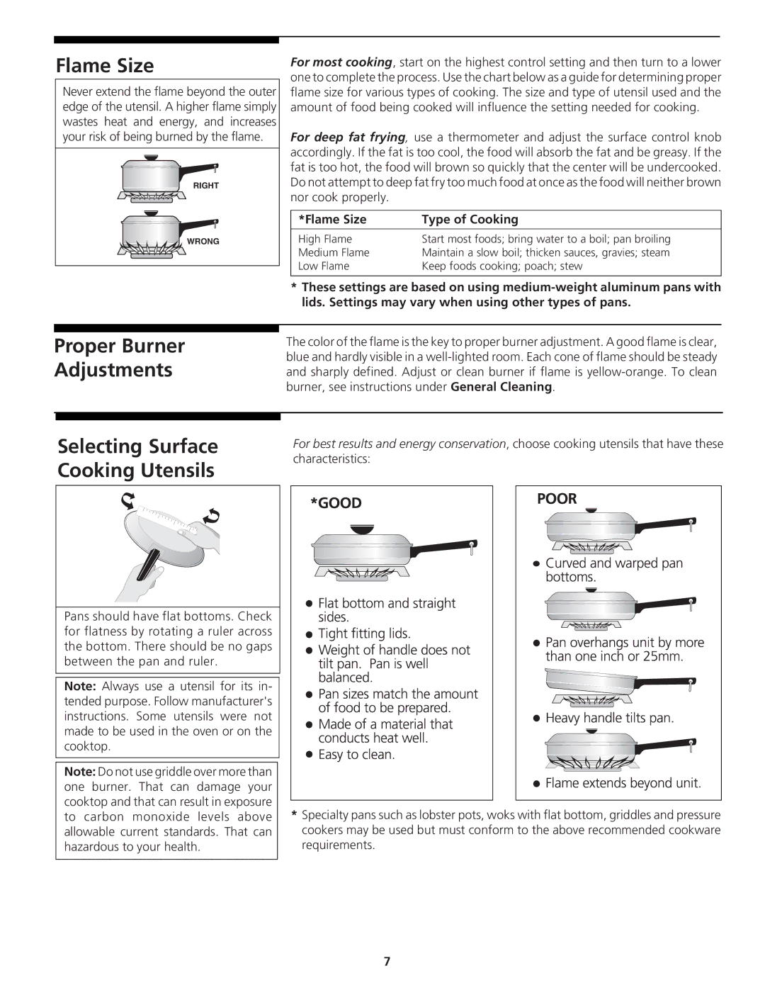 Tappan 318200764 manual Proper Burner Adjustments, Selecting Surface Cooking Utensils, Flame Size Type of Cooking 