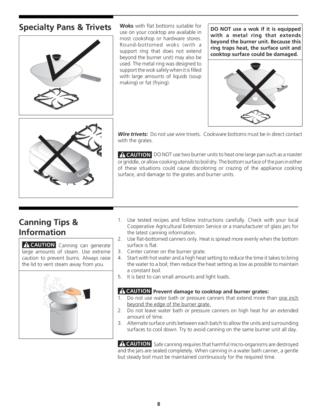 Tappan 318200764 manual Canning Tips Information, Prevent damage to cooktop and burner grates 