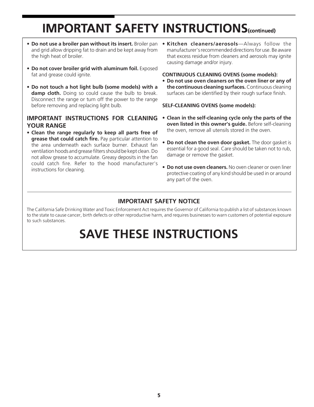 Tappan 318200764 manual Save These Instructions, Important Instructions For Cleaning Your Range, Important Safety Notice 