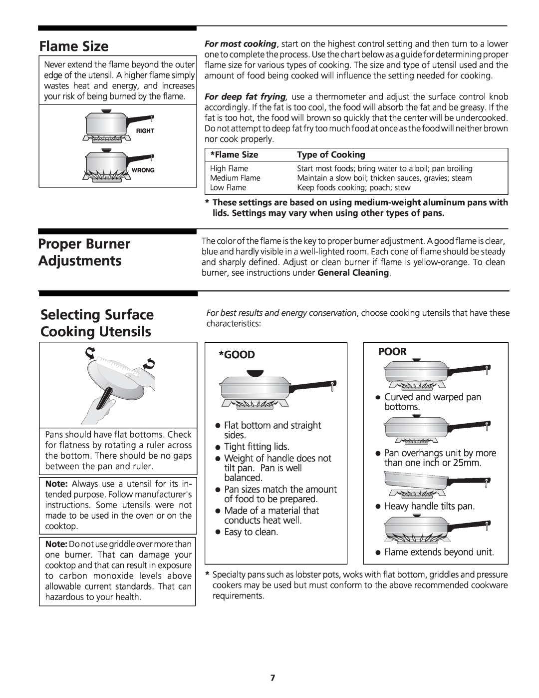 Tappan 318200764 manual Flame Size, Proper Burner Adjustments, Selecting Surface Cooking Utensils, Type of Cooking 