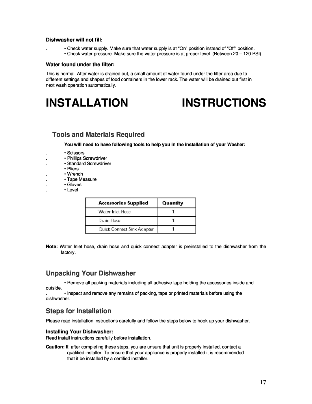 Tappan TDT4030W Installation Instructions, Tools and Materials Required, Unpacking Your Dishwasher, Steps for Installation 