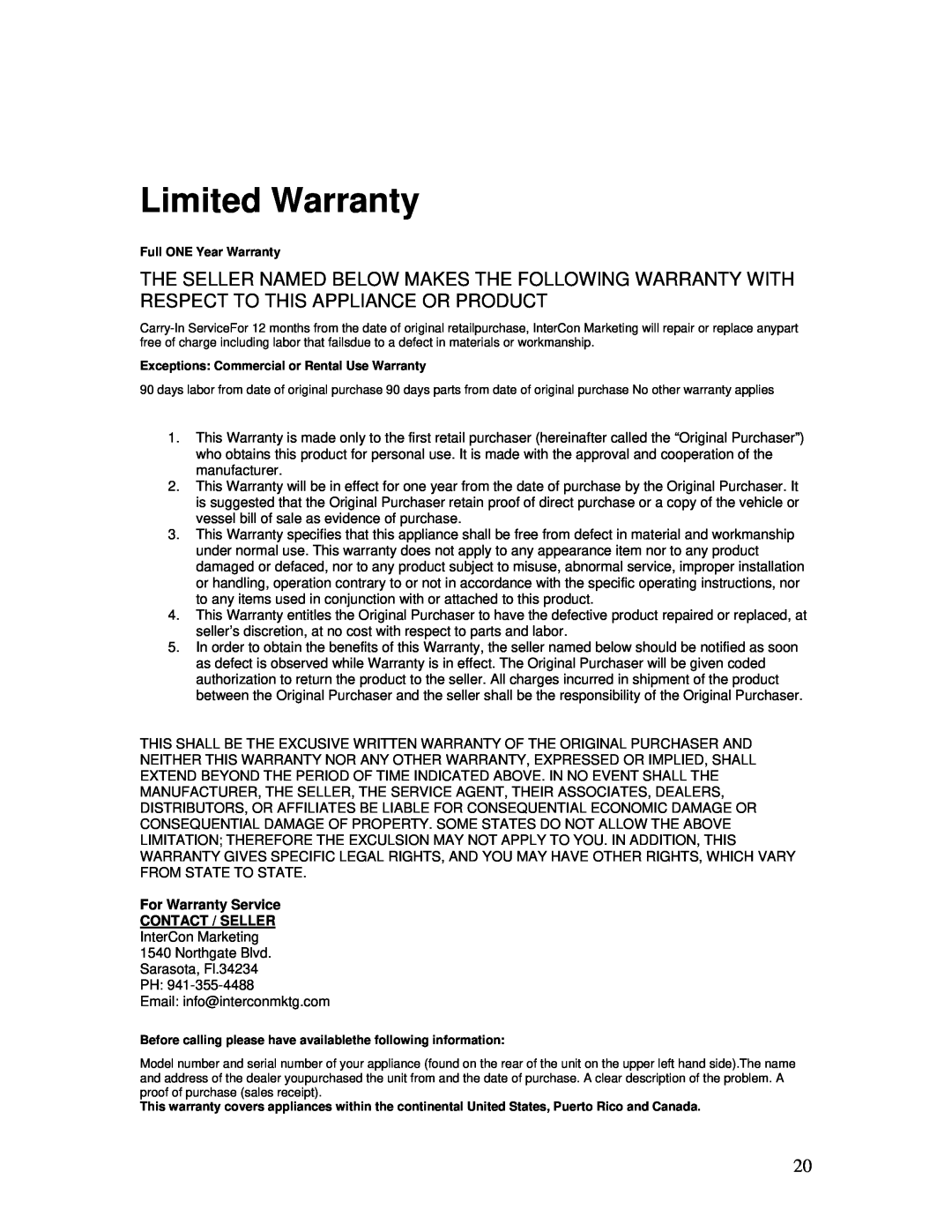 Tappan TDT4030B, TDT4030W user manual Limited Warranty, For Warranty Service CONTACT / SELLER InterCon Marketing 
