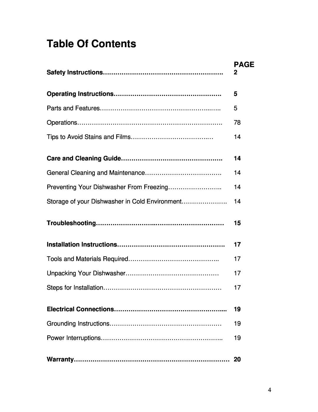 Tappan TDT4030B, TDT4030W user manual Table Of Contents, Page 
