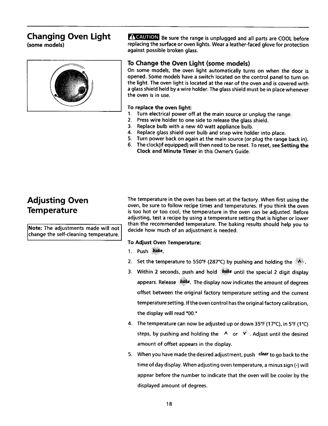 Tappan TEF365CHTA, TEF365CHS warranty Changing Oven Light, Adjusting Oven Temperature, To Change the Oven Light some models 