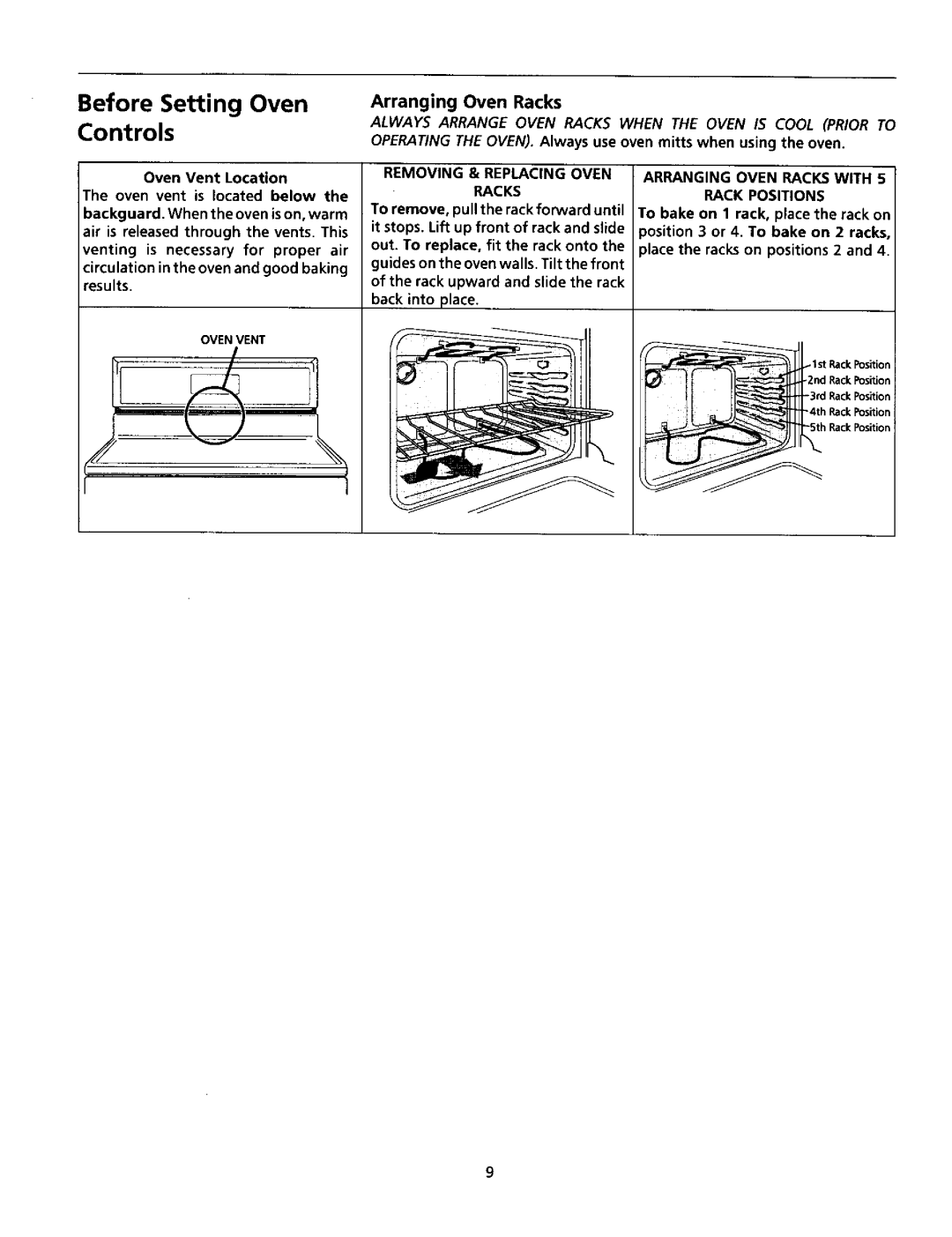 Tappan TEF365CHTA, TEF365CHS Before Setting Oven Controls, Arranging Oven Racks, Ovenvent Removing & Replacing Oven Racks 