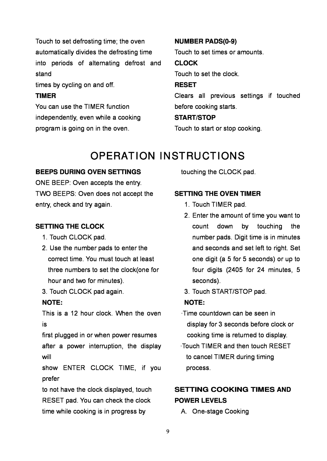 Tappan TM7050S Operation Instructions, Timer, NUMBER PADS0-9, Clock, Reset, Start/Stop, Beeps During Oven Settings 