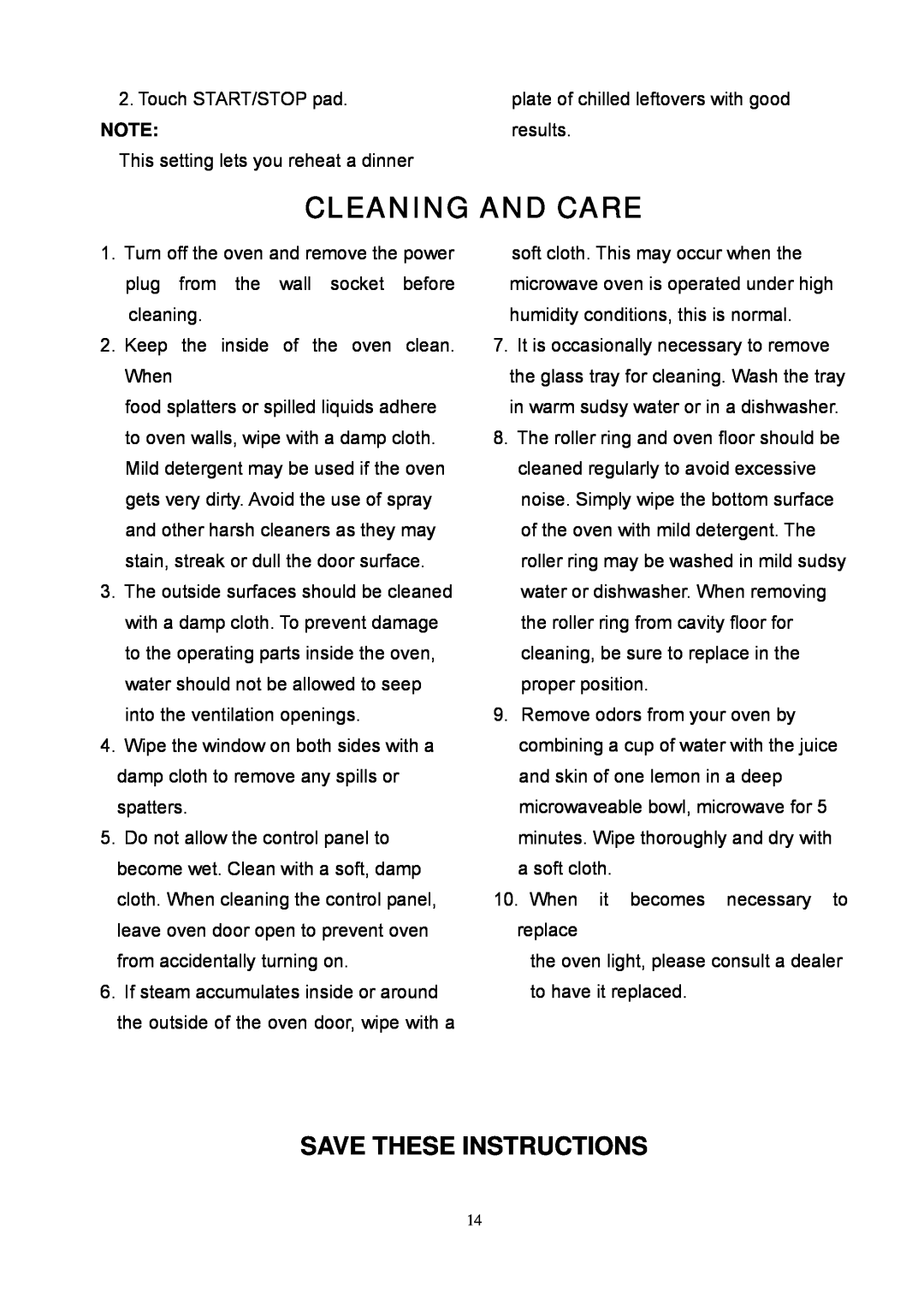 Tappan TM7050S owner manual Cleaning And Care, Save These Instructions 
