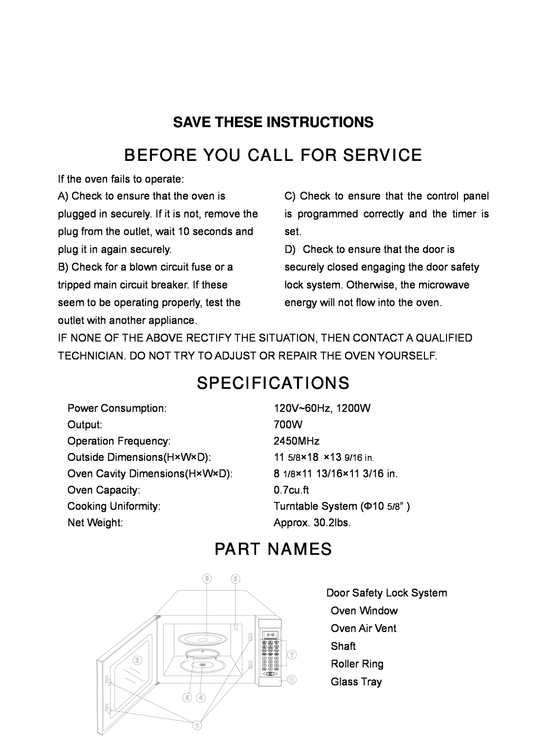Tappan TM7050S owner manual Before You Call For Service, Specifications, Part Names, Save These Instructions 