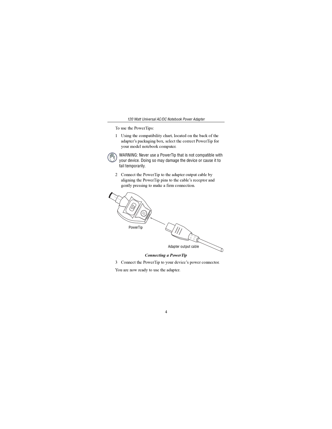 Targus 120 Watt Universal AC/DC Notebook Power Adapter specifications Connecting a PowerTip 