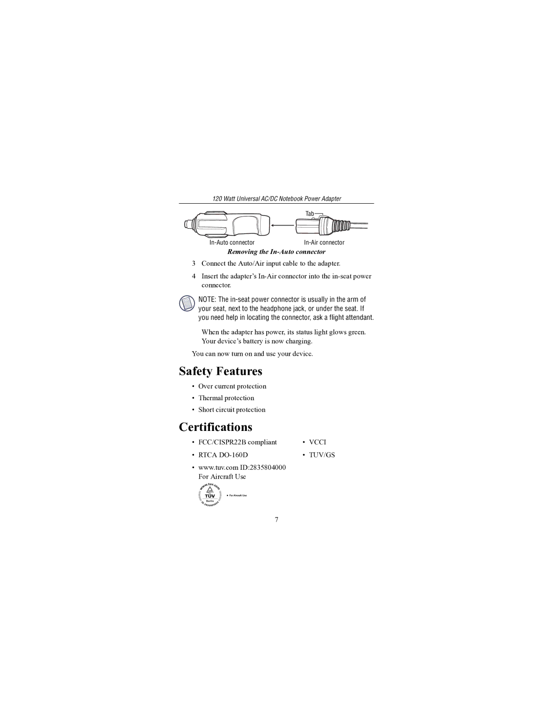 Targus 120 Watt Universal AC/DC Notebook Power Adapter specifications Safety Features, Certifications 