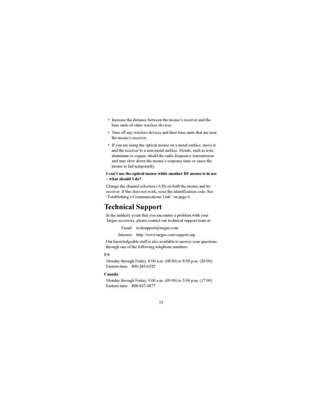 Targus 400-0086-001A specifications Technical Support, What should I do?, Canada 