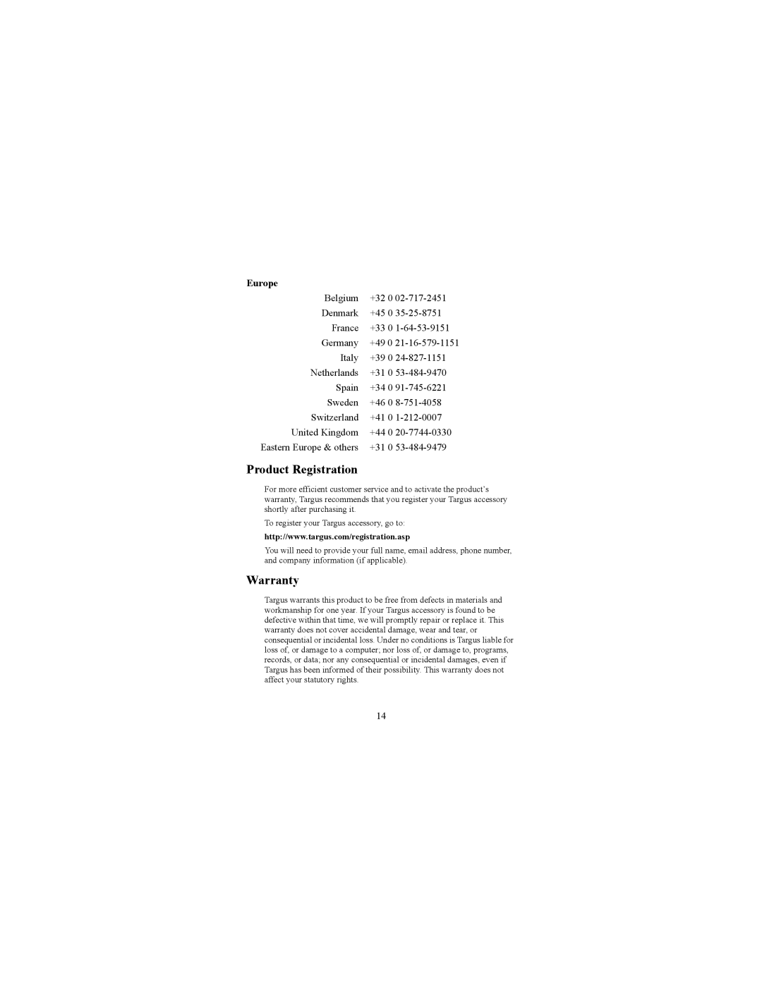 Targus 400-0086-001A specifications Product Registration, Warranty 