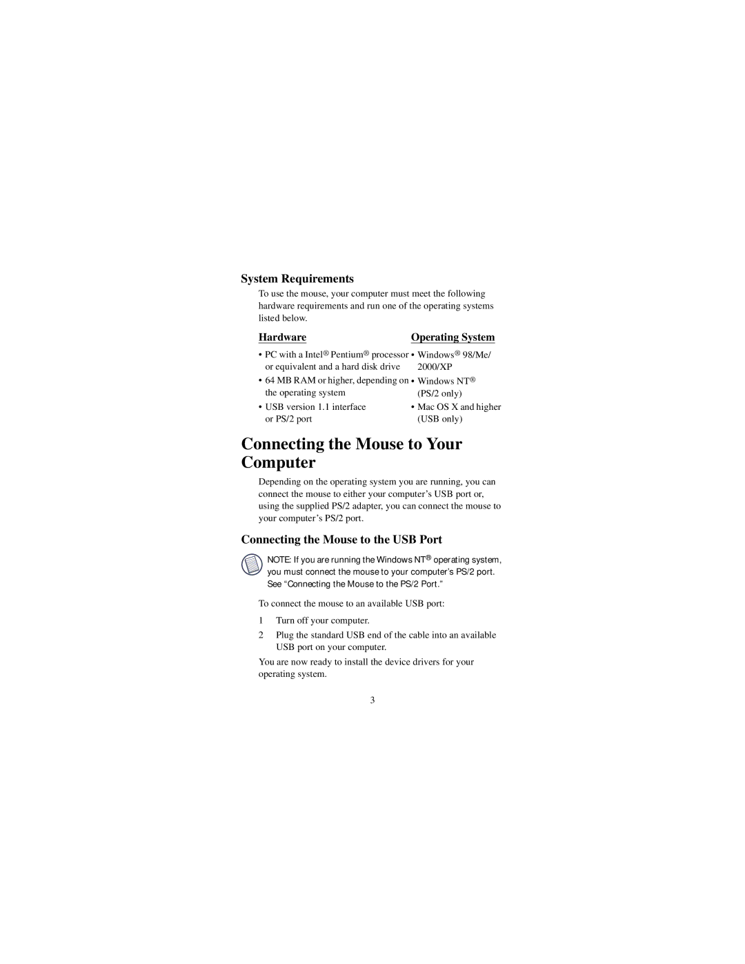 Targus 400-0088-001A Connecting the Mouse to Your Computer, System Requirements, Connecting the Mouse to the USB Port 