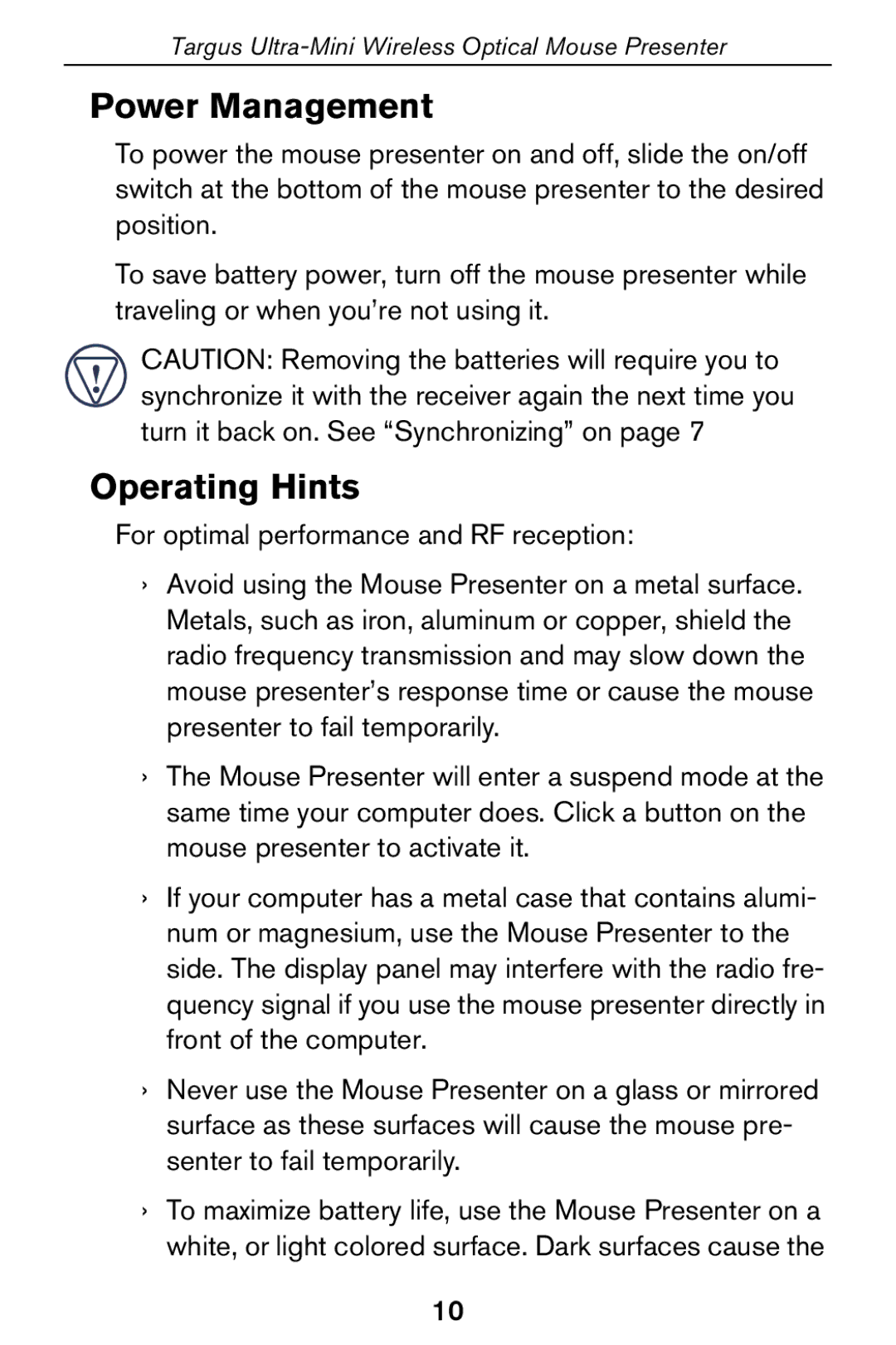 Targus 400-0140-001A specifications Power Management, Operating Hints 