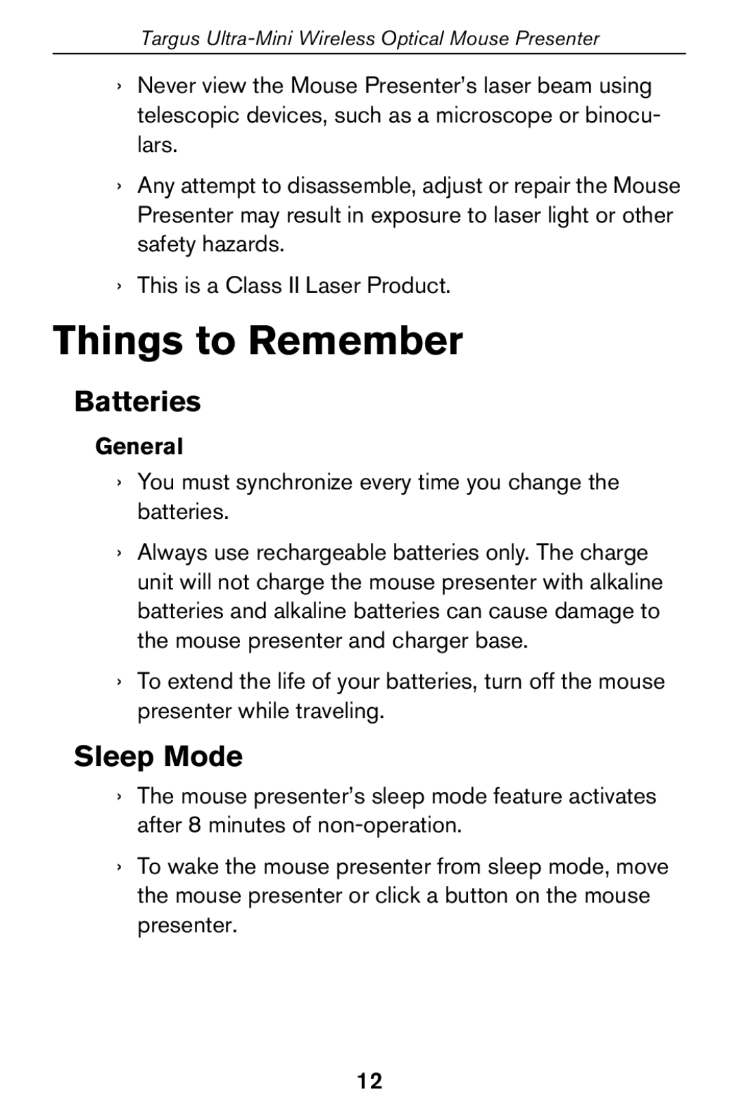 Targus 400-0140-001A specifications Things to Remember, Batteries, Sleep Mode, General 