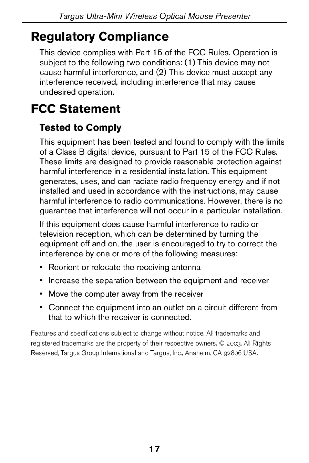 Targus 400-0140-001A specifications Regulatory Compliance, FCC Statement, Tested to Comply 