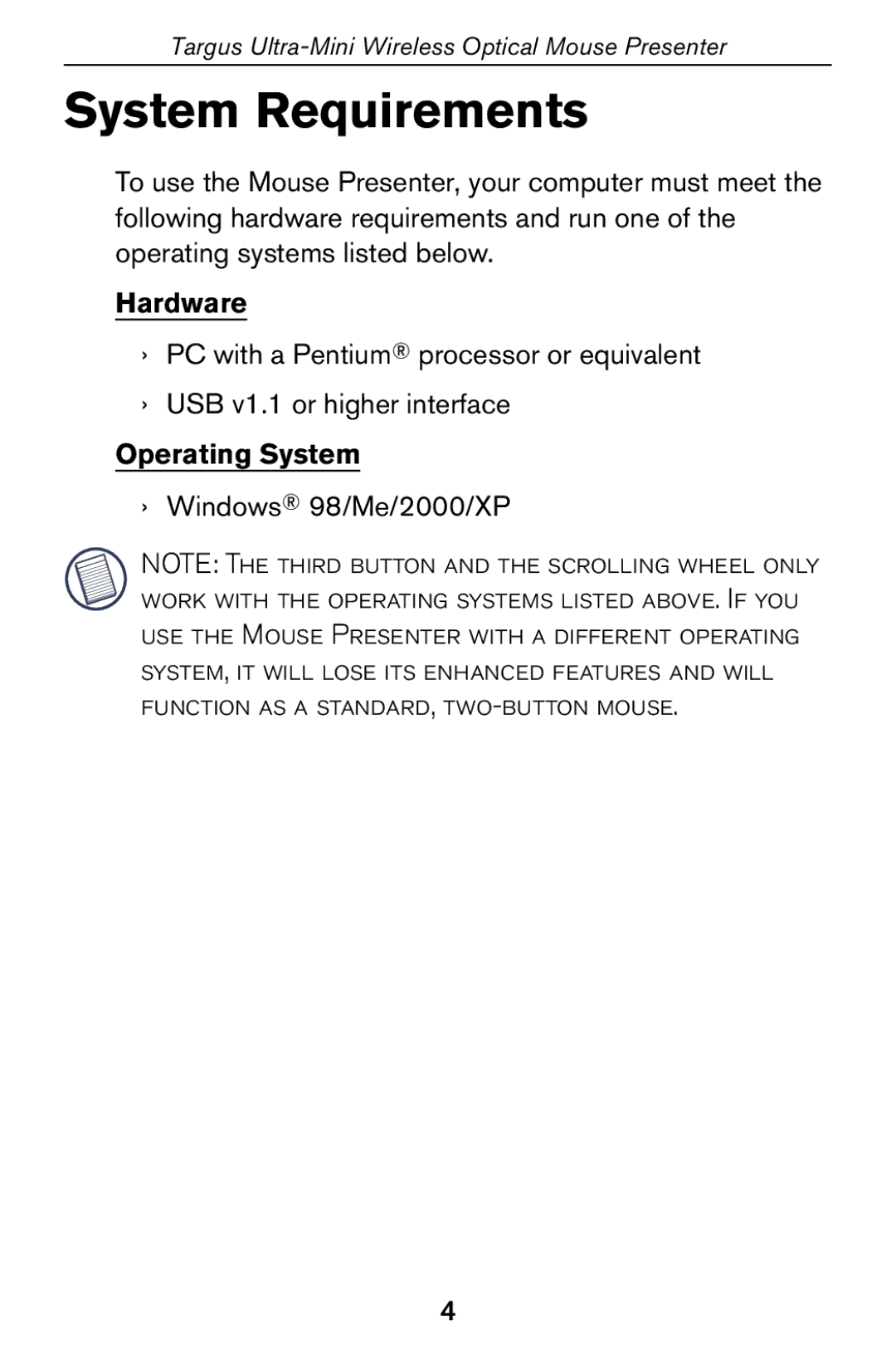 Targus 400-0140-001A specifications System Requirements, Hardware, Operating System 