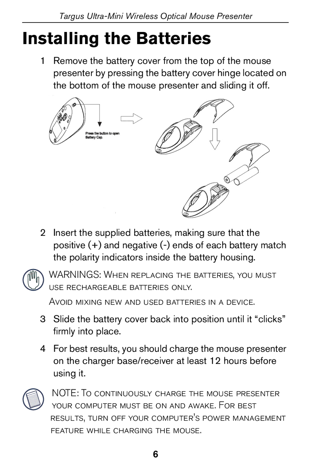 Targus 400-0140-001A specifications Installing the Batteries 