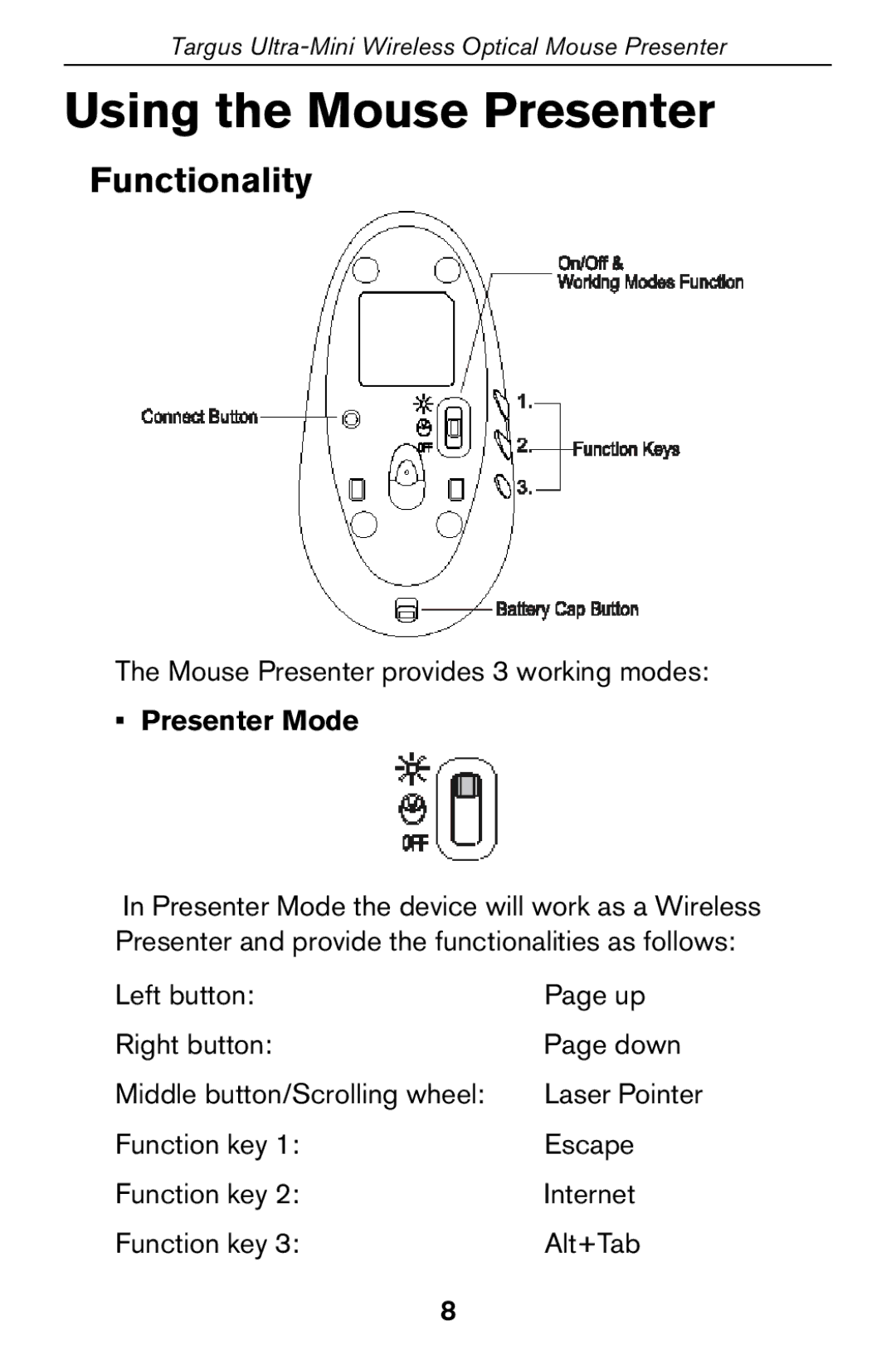 Targus 400-0140-001A specifications Using the Mouse Presenter, Functionality, Presenter Mode 