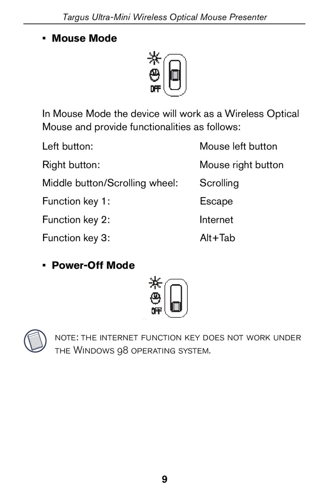 Targus 400-0140-001A specifications Mouse Mode, Power-Off Mode 