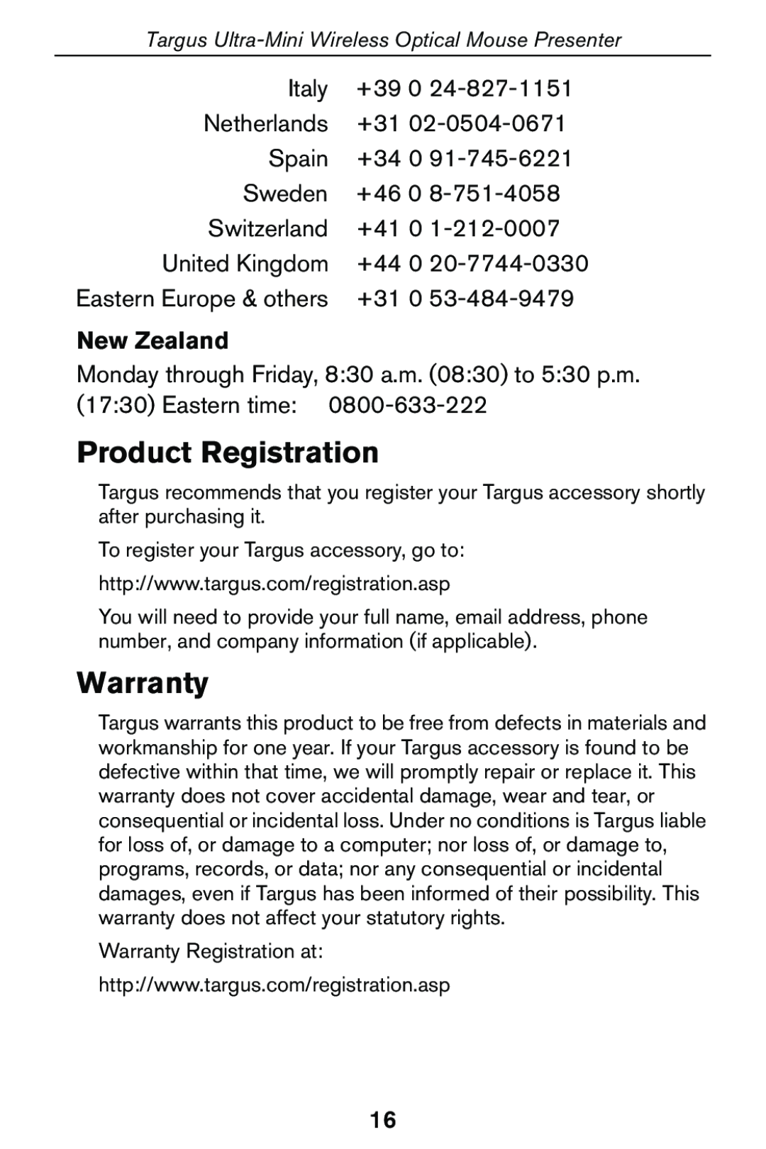 Targus 400-0140-001A specifications Product Registration, Warranty, New Zealand 