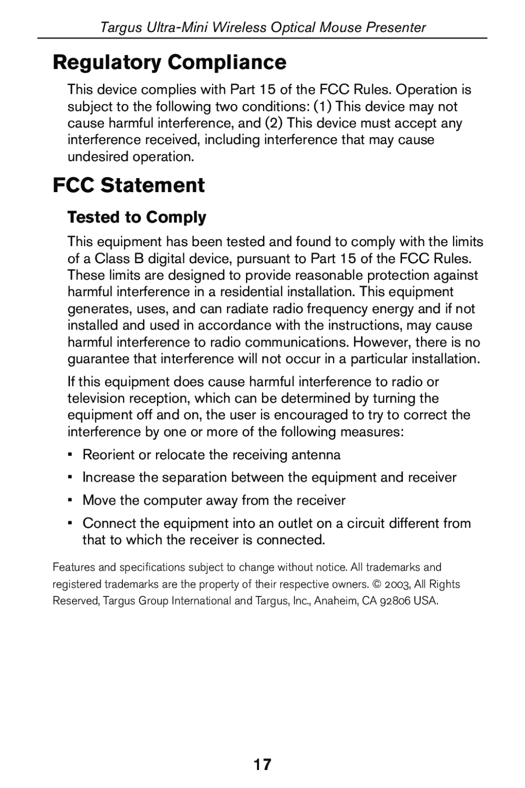 Targus 400-0140-001A specifications Regulatory Compliance, FCC Statement, Tested to Comply 
