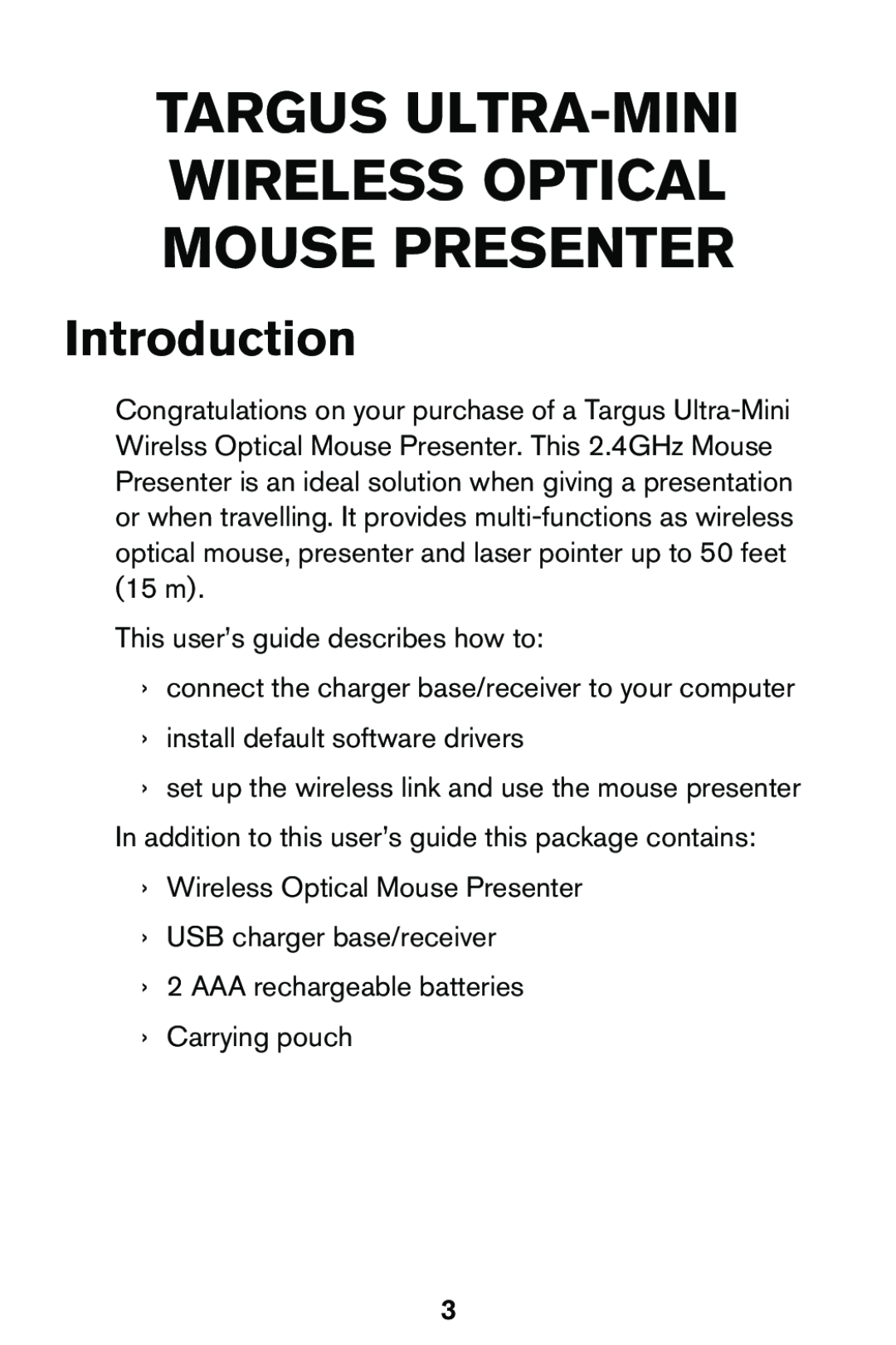 Targus 400-0140-001A specifications Introduction, Targus Ultra-Mini Wireless Optical Mouse Presenter 