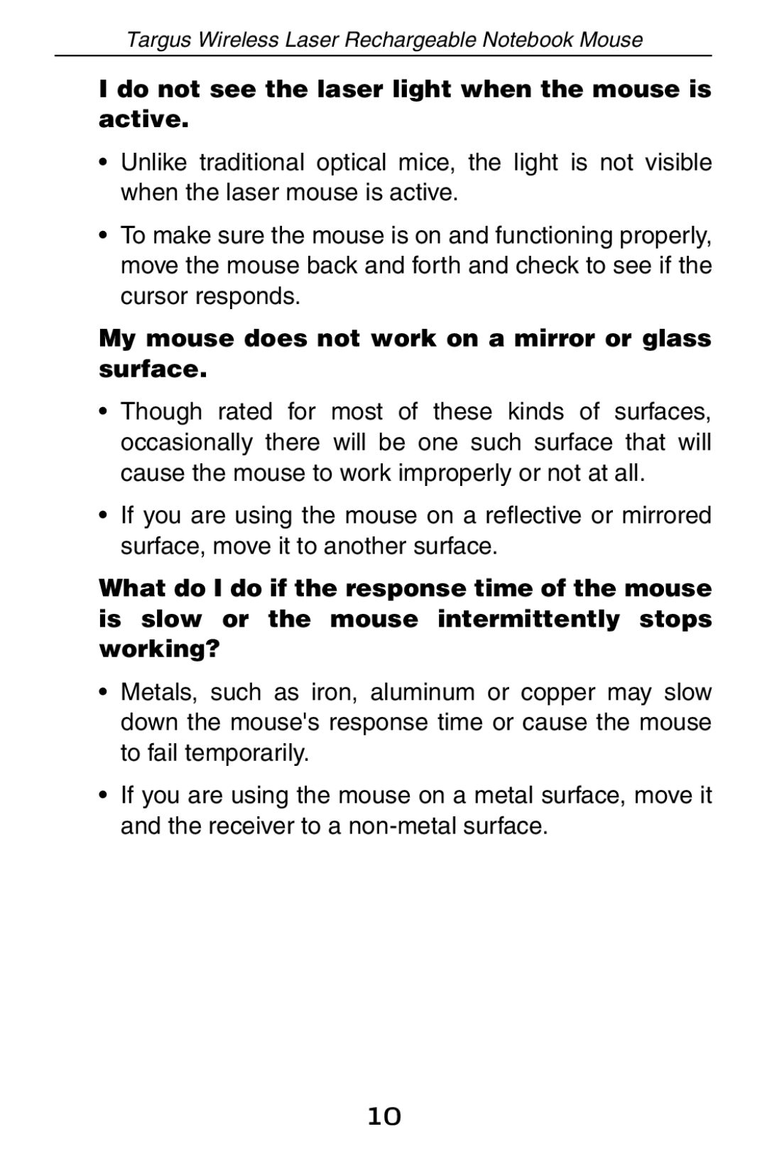 Targus 410-0008-001A manual Do not see the laser light when the mouse is active 