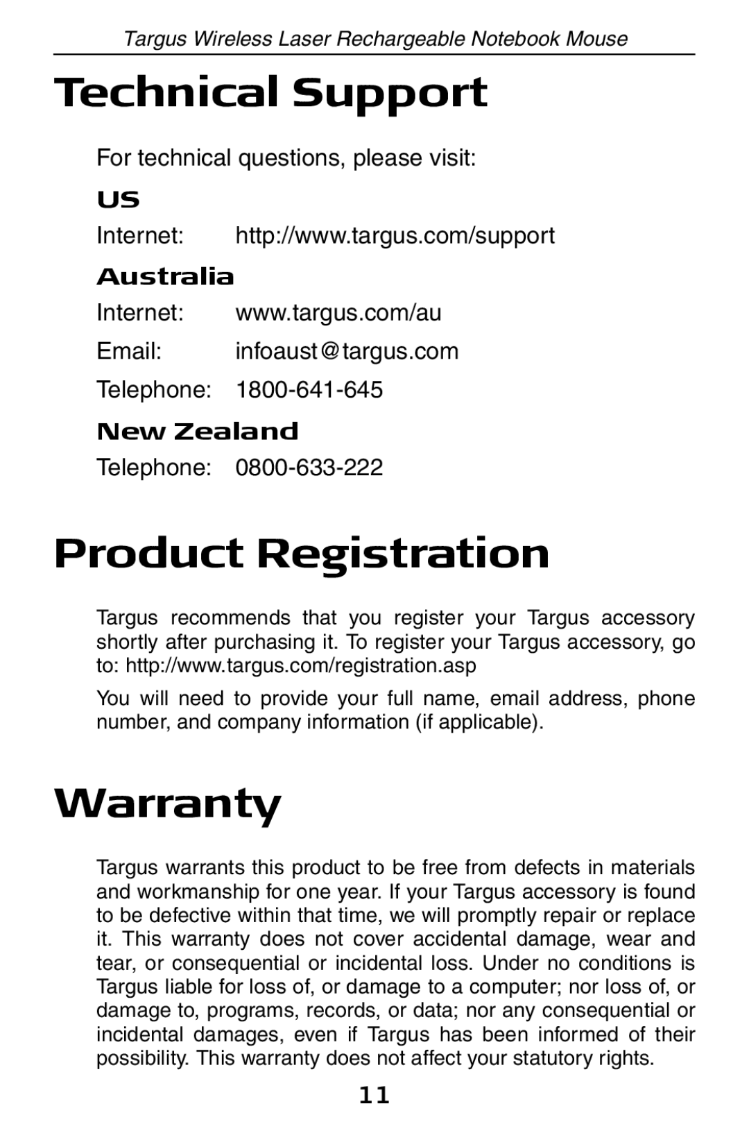 Targus 410-0008-001A manual Technical Support, Product Registration, Warranty 