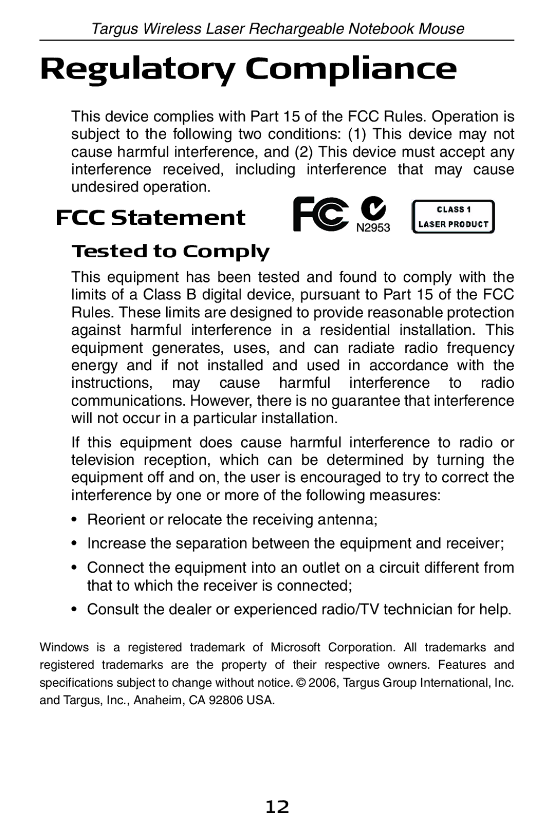 Targus 410-0008-001A manual Regulatory Compliance, FCC Statement 