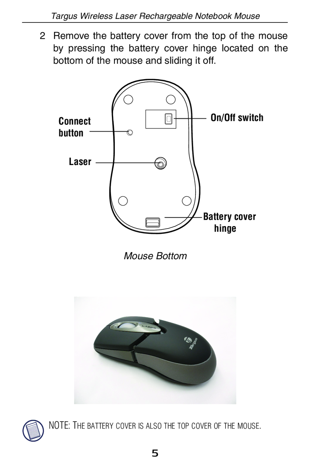 Targus 410-0008-001A manual On/Off switch Laser, Mouse Bottom 