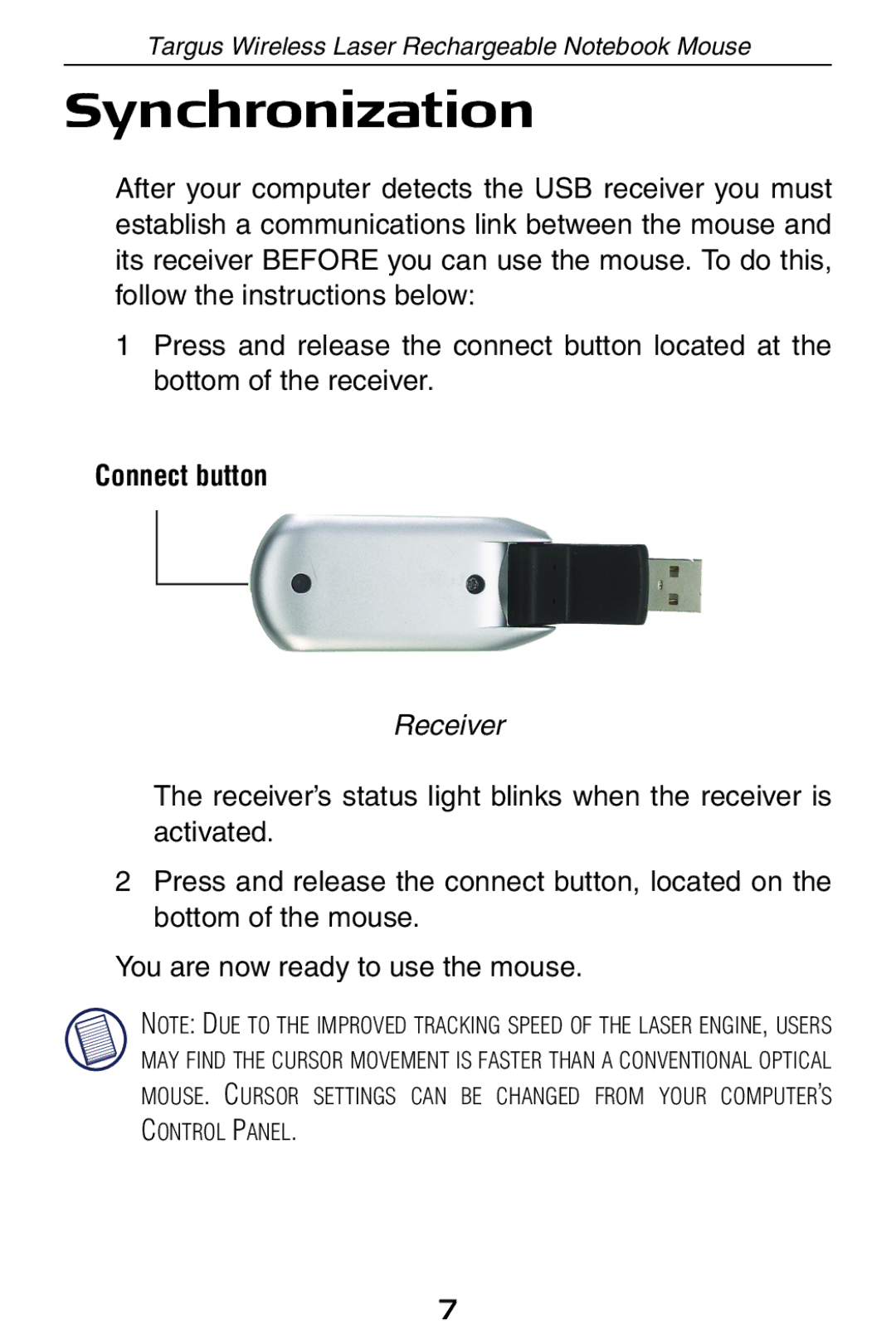 Targus 410-0008-001A manual Synchronization, Connect button 