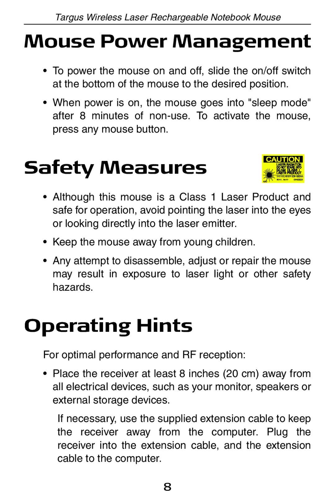 Targus 410-0008-001A manual Mouse Power Management, Safety Measures, Operating Hints 