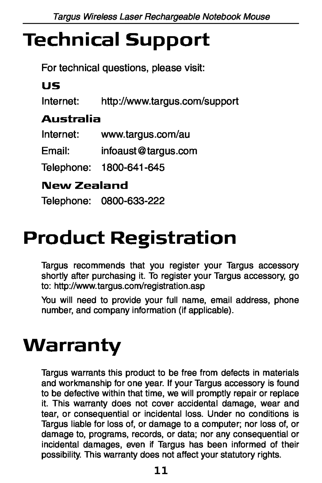 Targus 410-0008-001A manual Technical Support, Product Registration, Warranty, Australia, New Zealand 