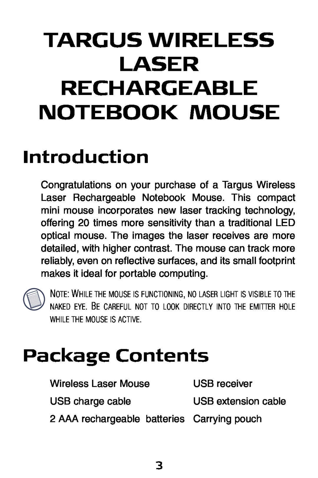 Targus 410-0008-001A manual Targus Wireless Laser Rechargeable Notebook Mouse, Introduction, Package Contents 