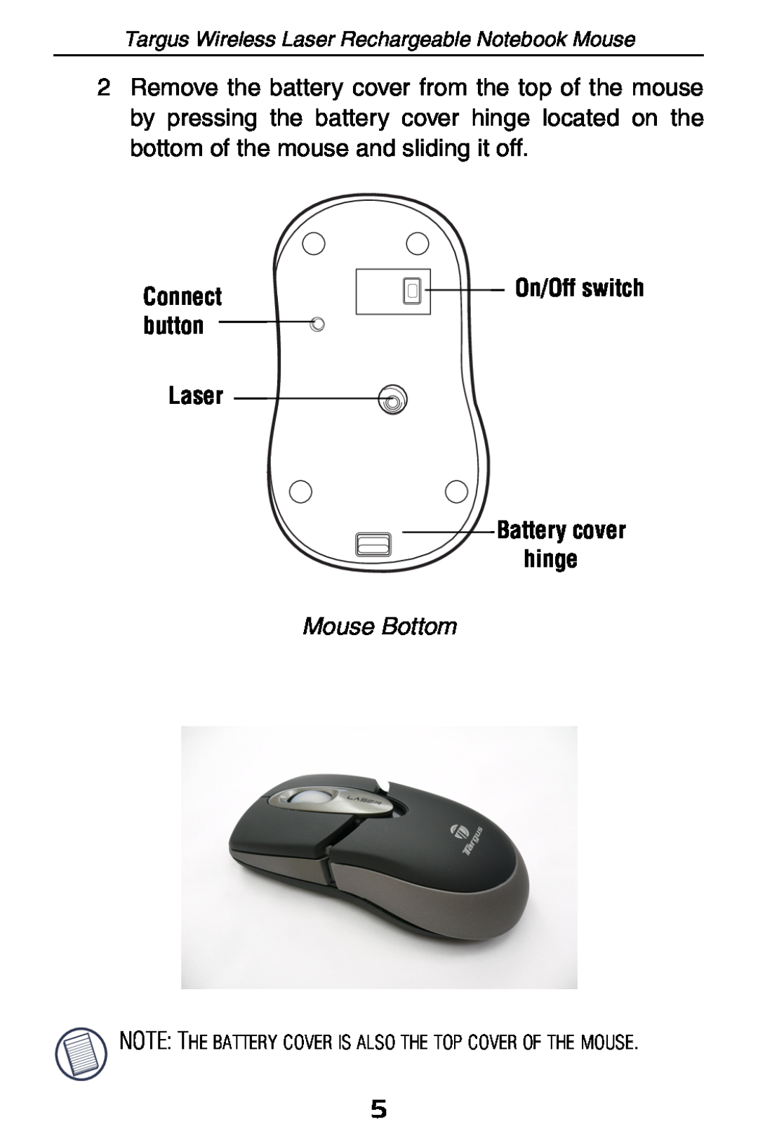 Targus 410-0008-001A On/Off switch, Mouse Bottom, Connect button, Targus Wireless Laser Rechargeable Notebook Mouse 