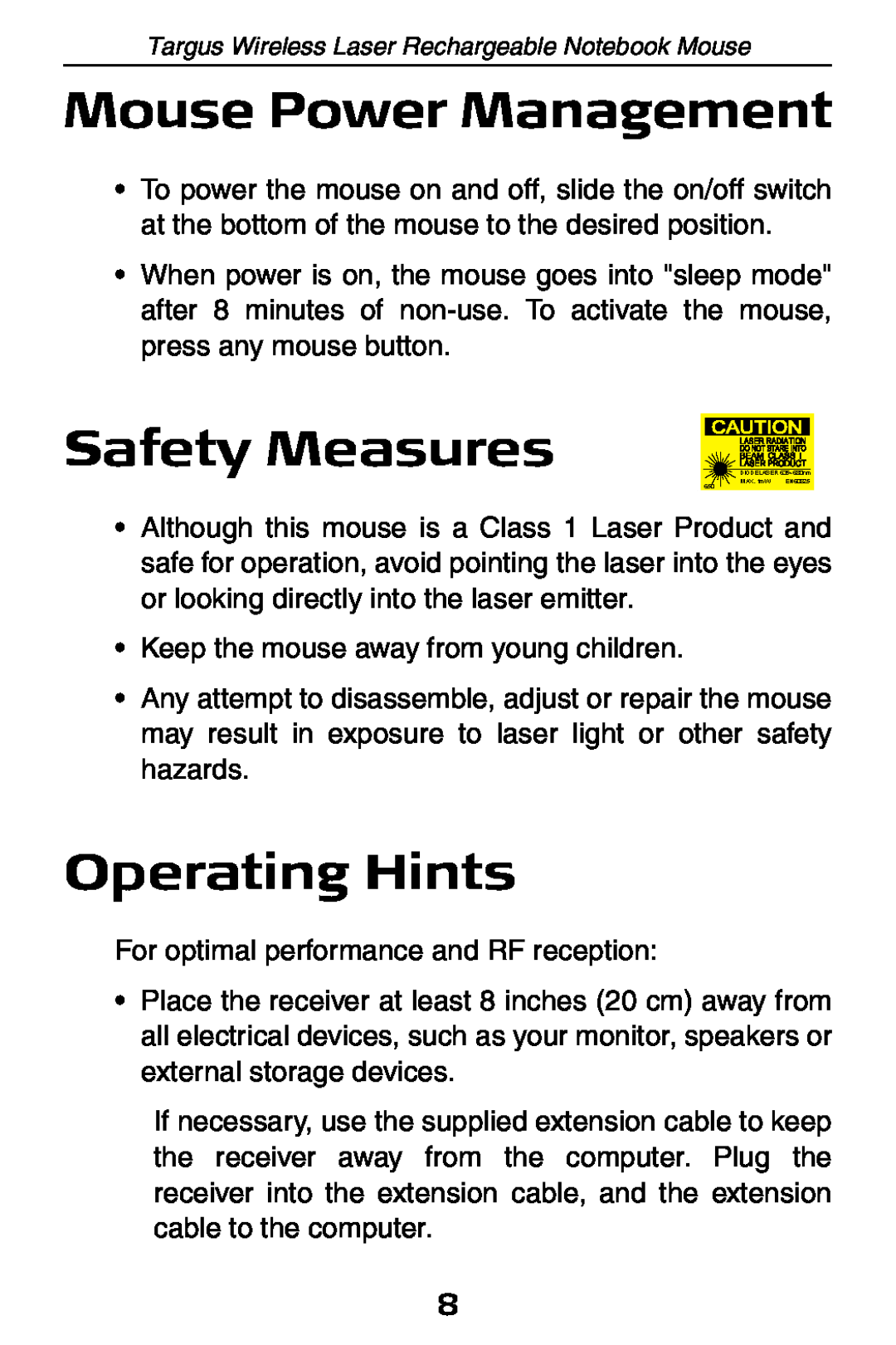 Targus 410-0008-001A manual Mouse Power Management, Safety Measures, Operating Hints 