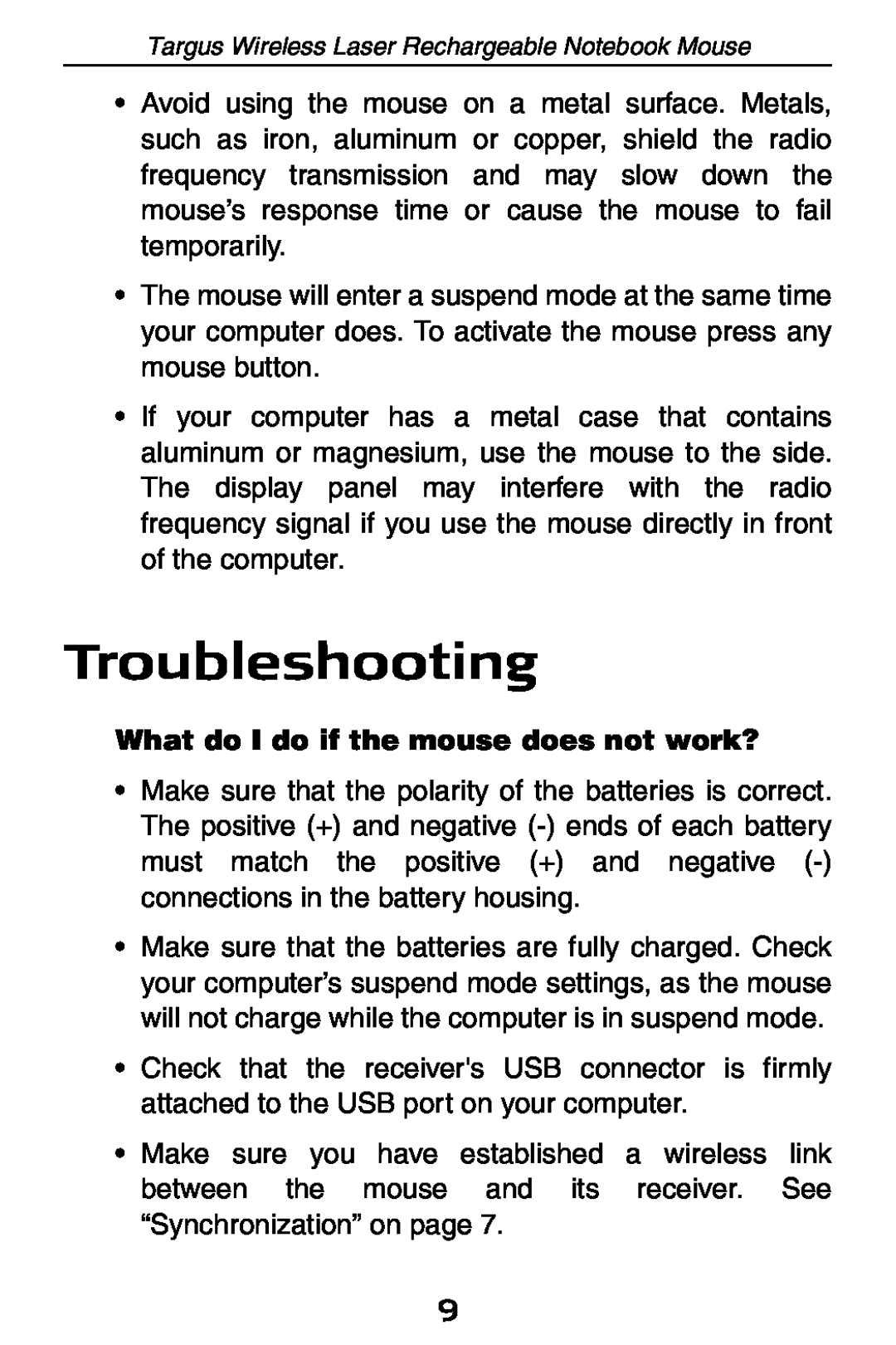 Targus 410-0008-001A manual Troubleshooting, What do I do if the mouse does not work? 