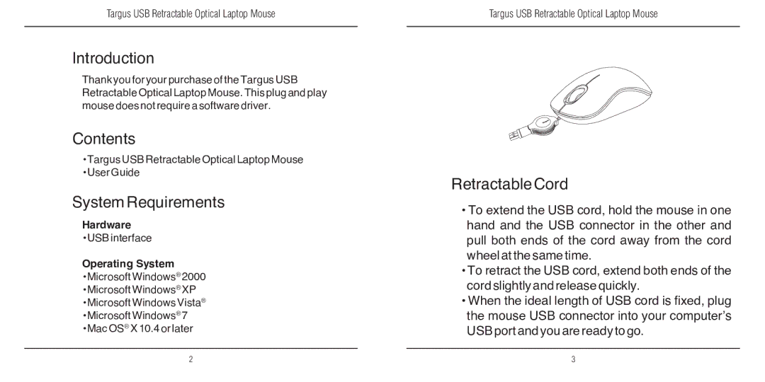 Targus 410-2095-001A warranty Introduction, Contents, System Requirements, Retractable Cord 