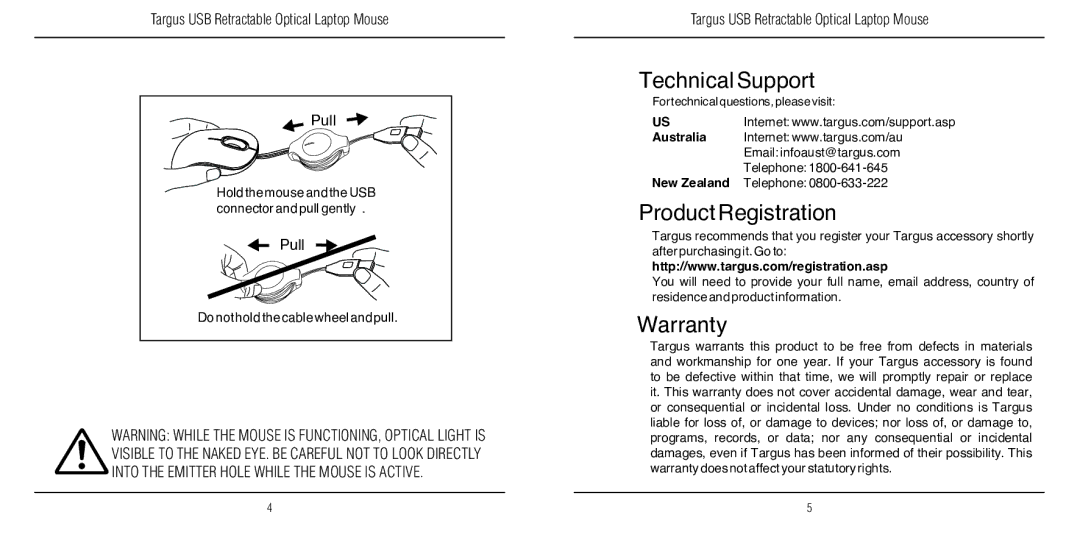 Targus 410-2095-001A warranty Technical Support, Product Registration, Warranty 